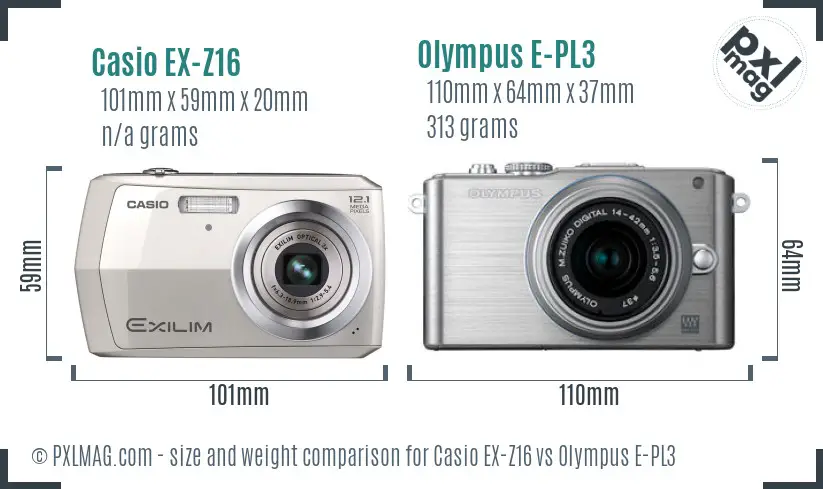Casio EX-Z16 vs Olympus E-PL3 size comparison
