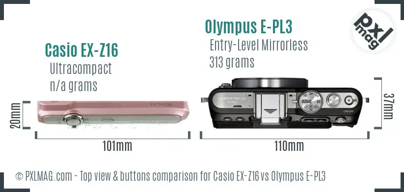 Casio EX-Z16 vs Olympus E-PL3 top view buttons comparison
