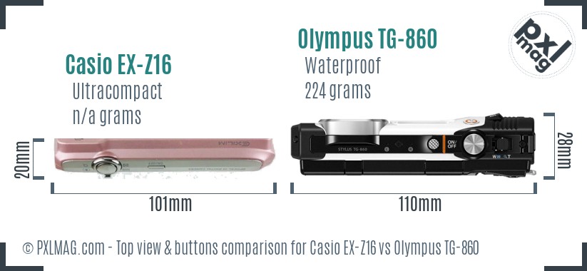 Casio EX-Z16 vs Olympus TG-860 top view buttons comparison