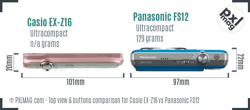 Casio EX-Z16 vs Panasonic FS12 top view buttons comparison