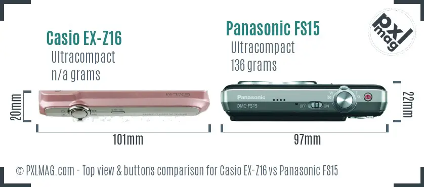 Casio EX-Z16 vs Panasonic FS15 top view buttons comparison
