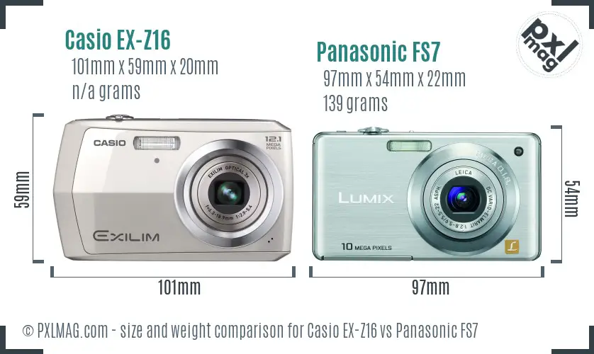 Casio EX-Z16 vs Panasonic FS7 size comparison