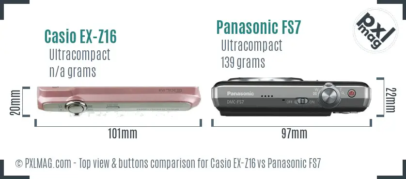 Casio EX-Z16 vs Panasonic FS7 top view buttons comparison