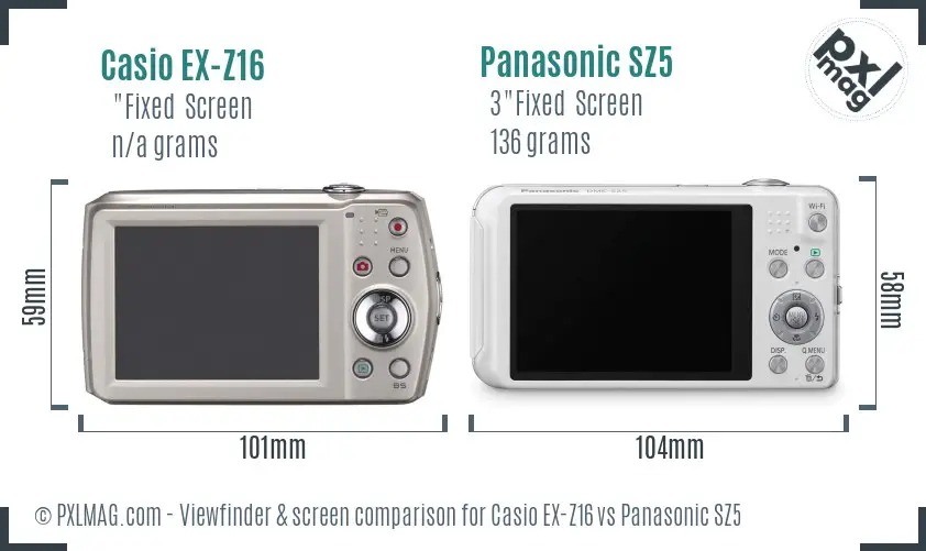 Casio EX-Z16 vs Panasonic SZ5 Screen and Viewfinder comparison