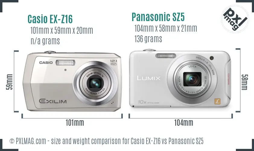 Casio EX-Z16 vs Panasonic SZ5 size comparison