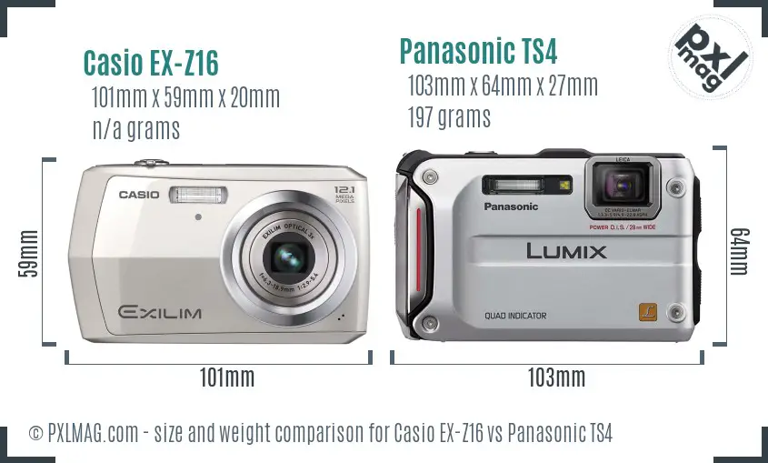 Casio EX-Z16 vs Panasonic TS4 size comparison