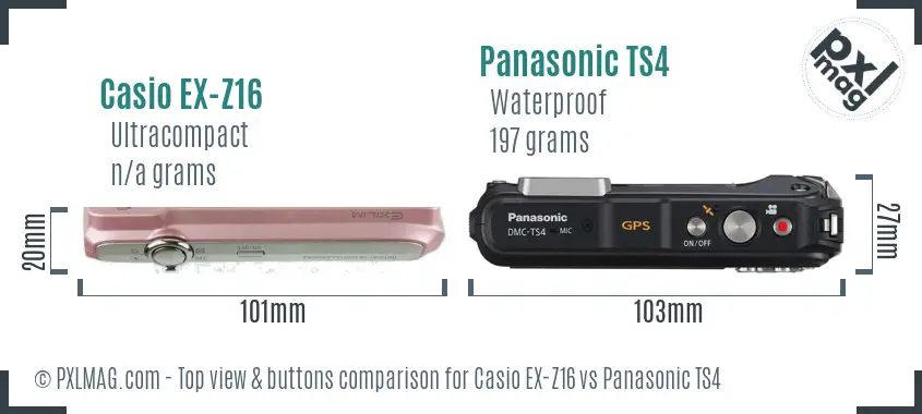 Casio EX-Z16 vs Panasonic TS4 top view buttons comparison