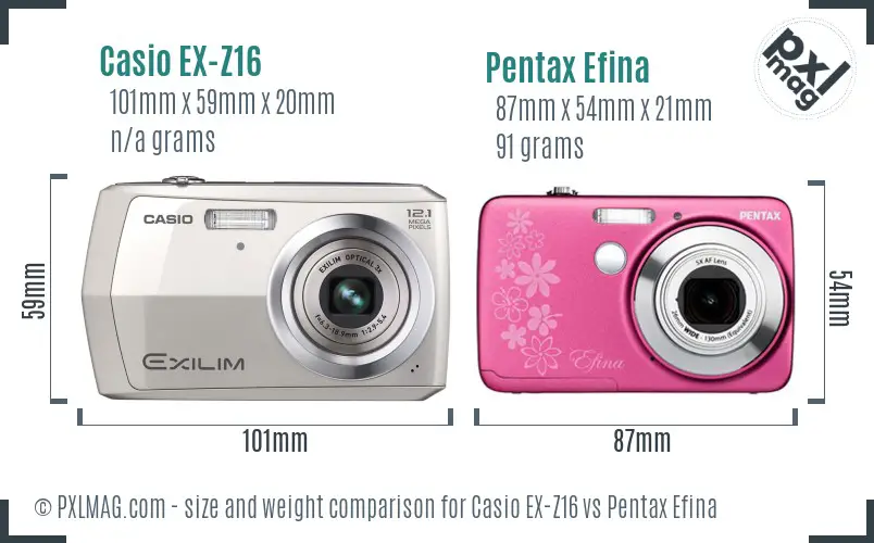 Casio EX-Z16 vs Pentax Efina size comparison