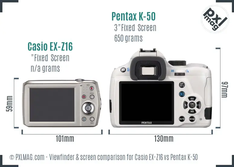 Casio EX-Z16 vs Pentax K-50 Screen and Viewfinder comparison
