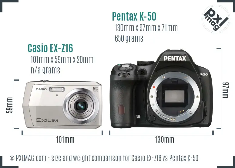 Casio EX-Z16 vs Pentax K-50 size comparison