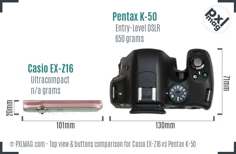 Casio EX-Z16 vs Pentax K-50 top view buttons comparison