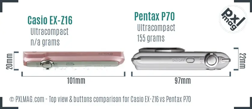 Casio EX-Z16 vs Pentax P70 top view buttons comparison