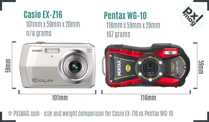 Casio EX-Z16 vs Pentax WG-10 size comparison