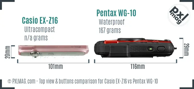 Casio EX-Z16 vs Pentax WG-10 top view buttons comparison