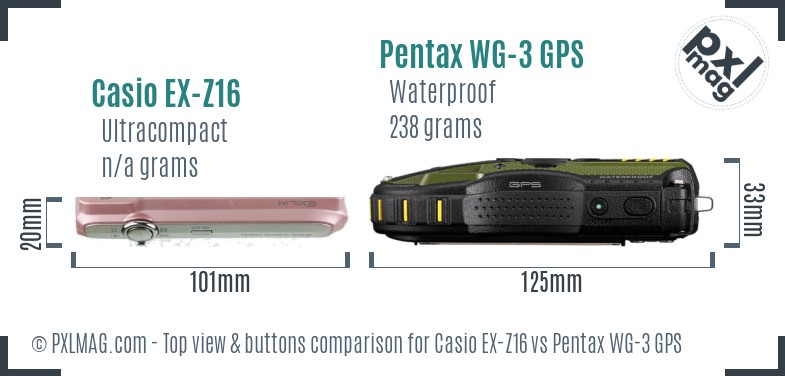 Casio EX-Z16 vs Pentax WG-3 GPS top view buttons comparison