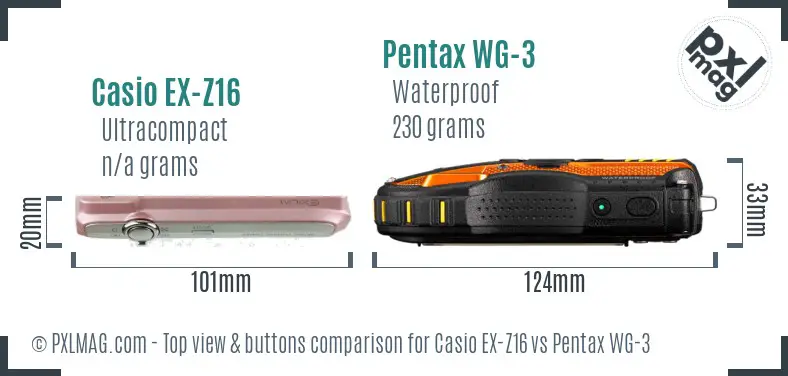 Casio EX-Z16 vs Pentax WG-3 top view buttons comparison