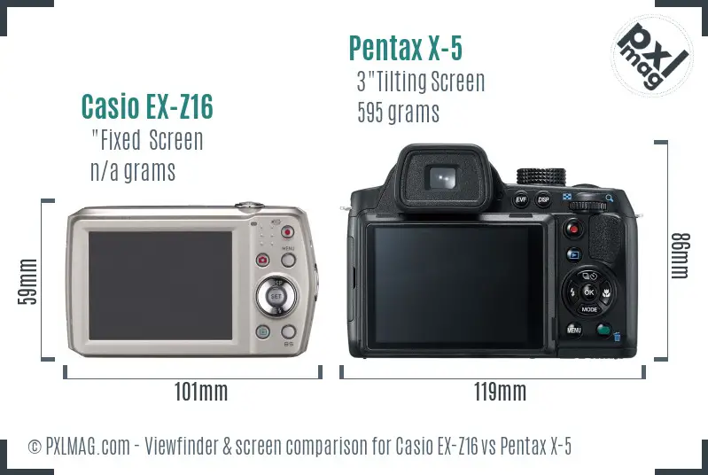 Casio EX-Z16 vs Pentax X-5 Screen and Viewfinder comparison