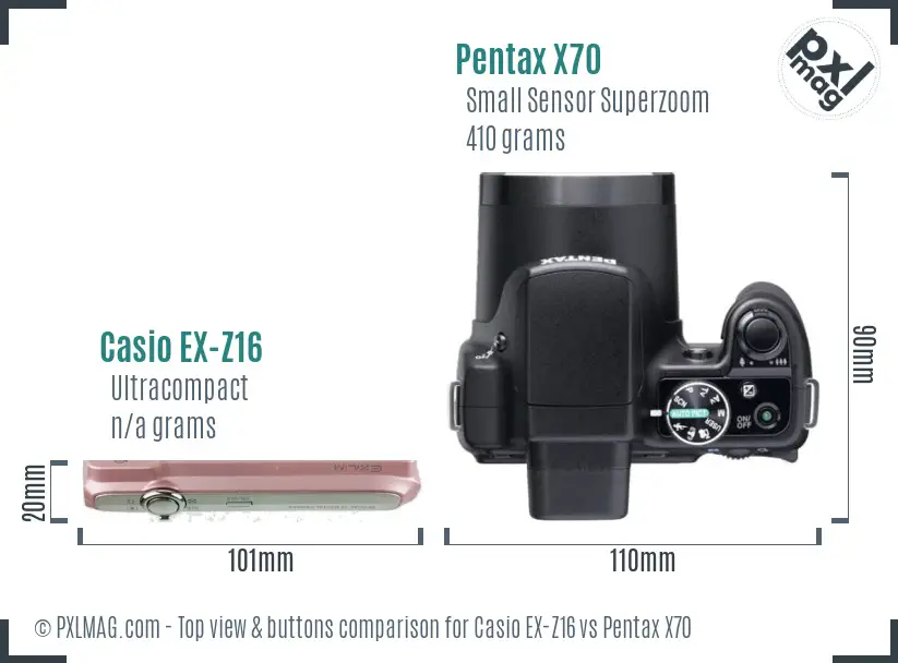 Casio EX-Z16 vs Pentax X70 top view buttons comparison