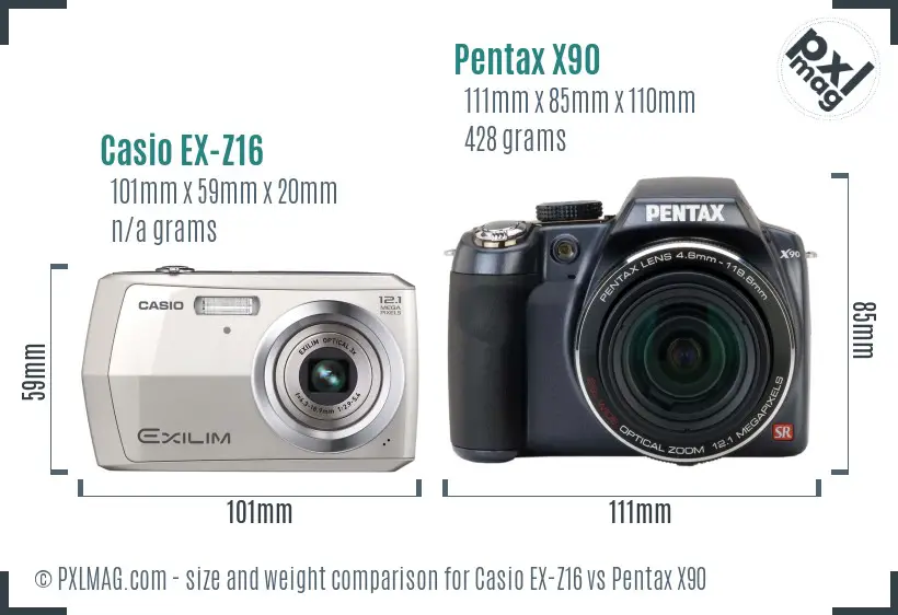 Casio EX-Z16 vs Pentax X90 size comparison