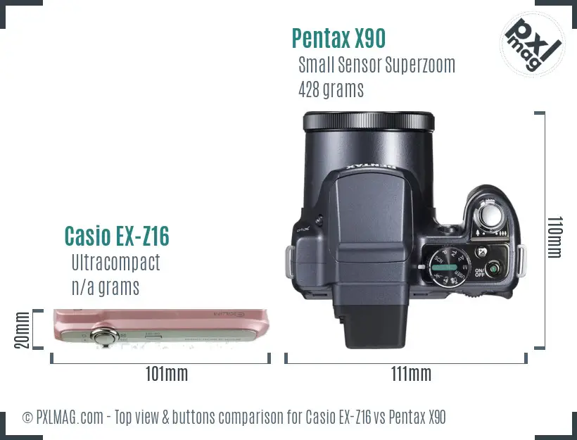 Casio EX-Z16 vs Pentax X90 top view buttons comparison