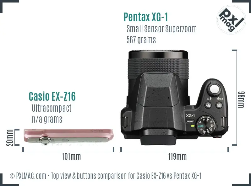 Casio EX-Z16 vs Pentax XG-1 top view buttons comparison Casio EX-Z16 vs Pentax XG-1 top view buttons comparison