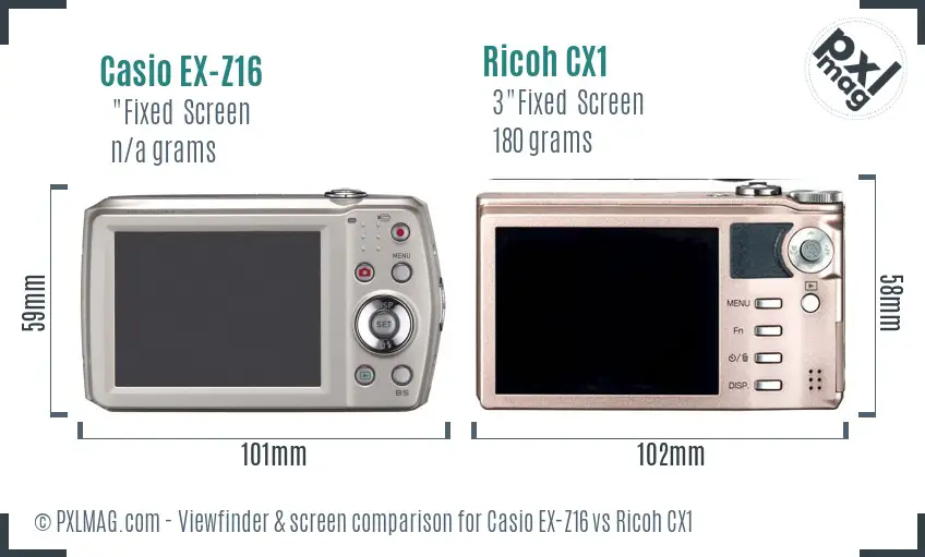 Casio EX-Z16 vs Ricoh CX1 Screen and Viewfinder comparison