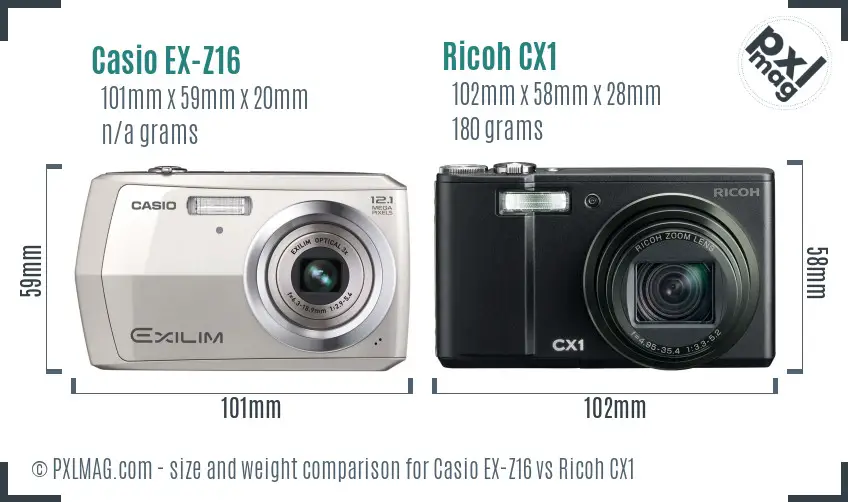 Casio EX-Z16 vs Ricoh CX1 size comparison