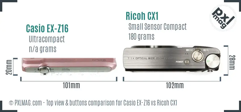Casio EX-Z16 vs Ricoh CX1 top view buttons comparison