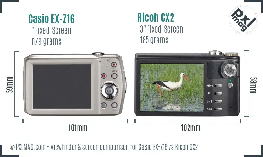 Casio EX-Z16 vs Ricoh CX2 Screen and Viewfinder comparison