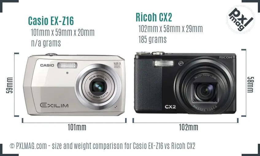Casio EX-Z16 vs Ricoh CX2 size comparison Casio EX-Z16 vs Ricoh CX2 size comparison