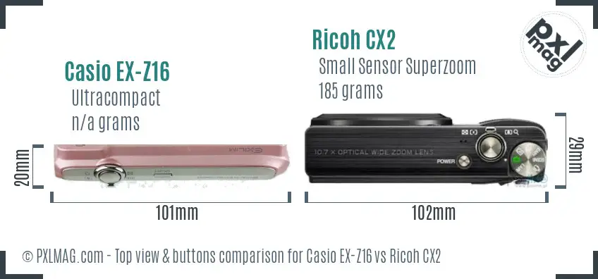 Casio EX-Z16 vs Ricoh CX2 top view buttons comparison