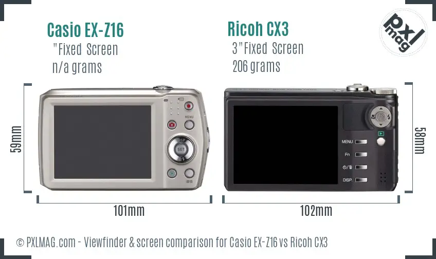 Casio EX-Z16 vs Ricoh CX3 Screen and Viewfinder comparison