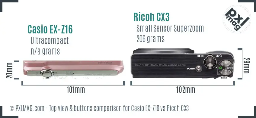 Casio EX-Z16 vs Ricoh CX3 top view buttons comparison