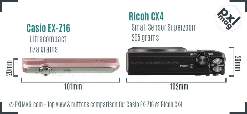 Casio EX-Z16 vs Ricoh CX4 top view buttons comparison Casio EX-Z16 vs Ricoh CX4 top view buttons comparison