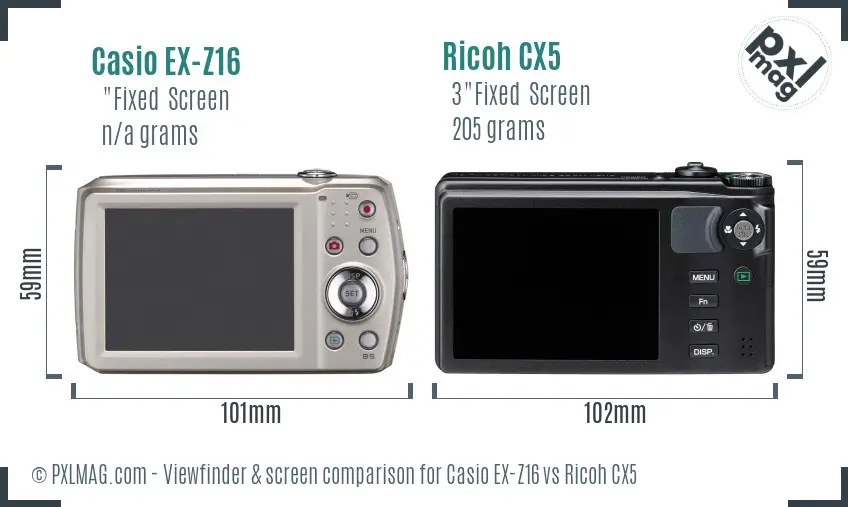 Casio EX-Z16 vs Ricoh CX5 Screen and Viewfinder comparison