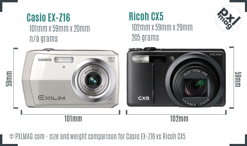 Casio EX-Z16 vs Ricoh CX5 size comparison