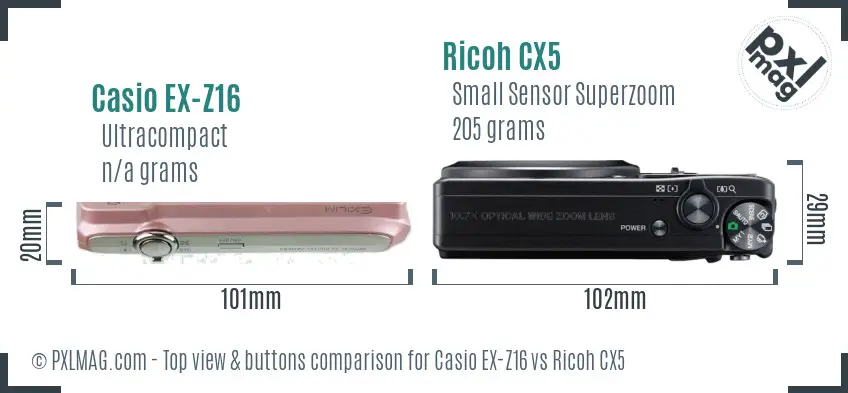 Casio EX-Z16 vs Ricoh CX5 top view buttons comparison