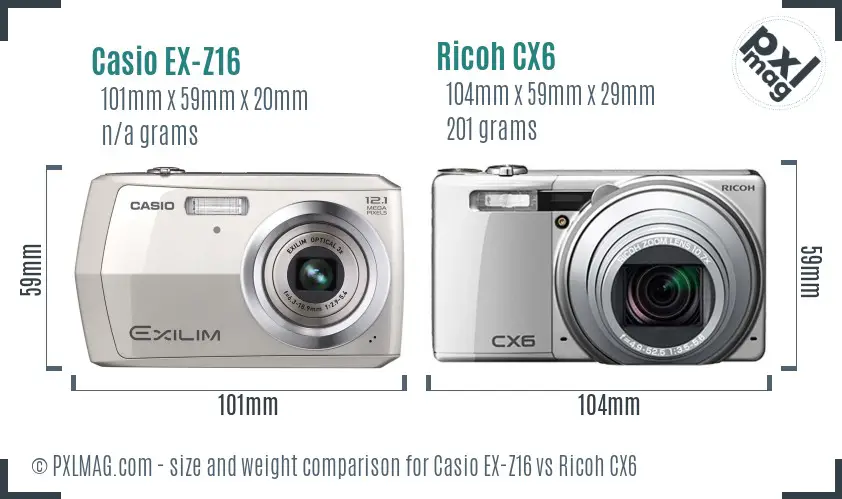 Casio EX-Z16 vs Ricoh CX6 size comparison Casio EX-Z16 vs Ricoh CX6 size comparison