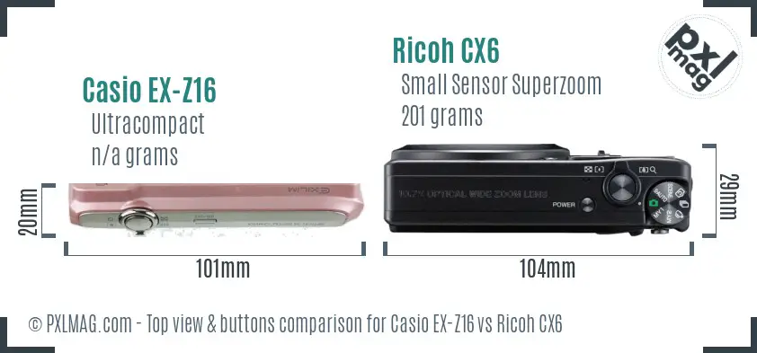 Casio EX-Z16 vs Ricoh CX6 top view buttons comparison Casio EX-Z16 vs Ricoh CX6 top view buttons comparison