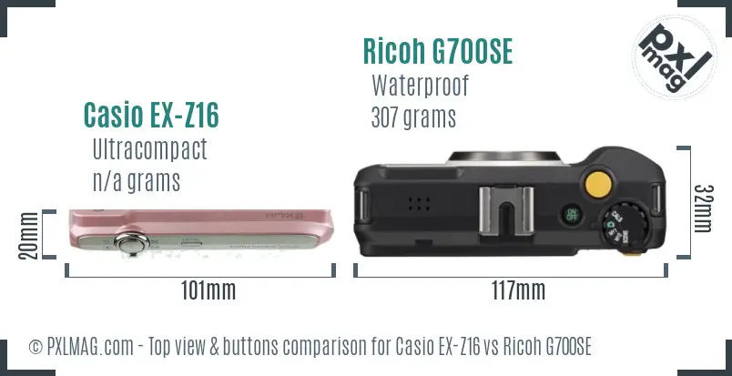 Casio EX-Z16 vs Ricoh G700SE top view buttons comparison