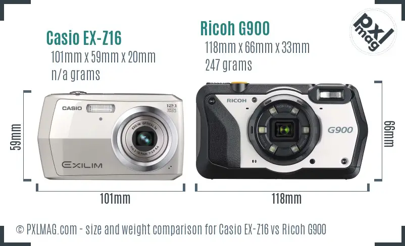 Casio EX-Z16 vs Ricoh G900 size comparison