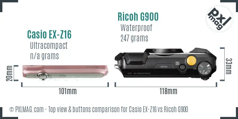 Casio EX-Z16 vs Ricoh G900 top view buttons comparison