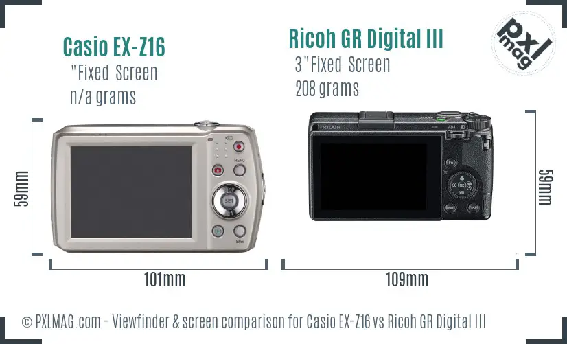 Casio EX-Z16 vs Ricoh GR Digital III Screen and Viewfinder comparison