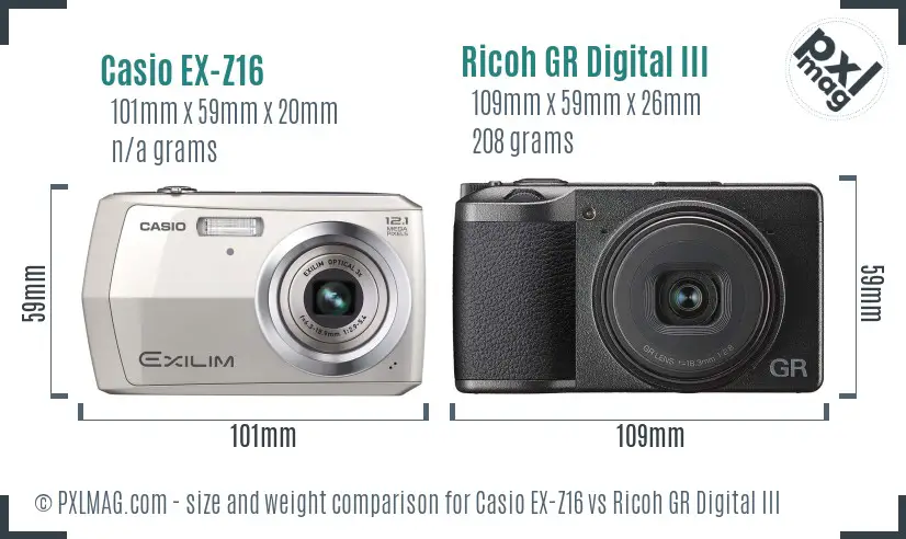 Casio EX-Z16 vs Ricoh GR Digital III size comparison
