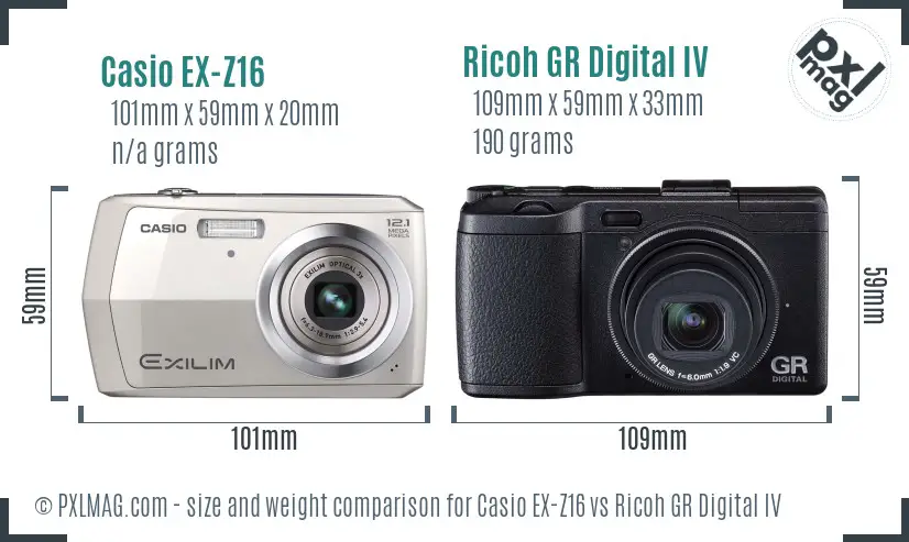 Casio EX-Z16 vs Ricoh GR Digital IV size comparison Casio EX-Z16 vs Ricoh GR Digital IV size comparison
