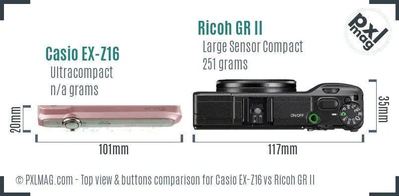 Casio EX-Z16 vs Ricoh GR II top view buttons comparison Casio EX-Z16 vs Ricoh GR II top view buttons comparison