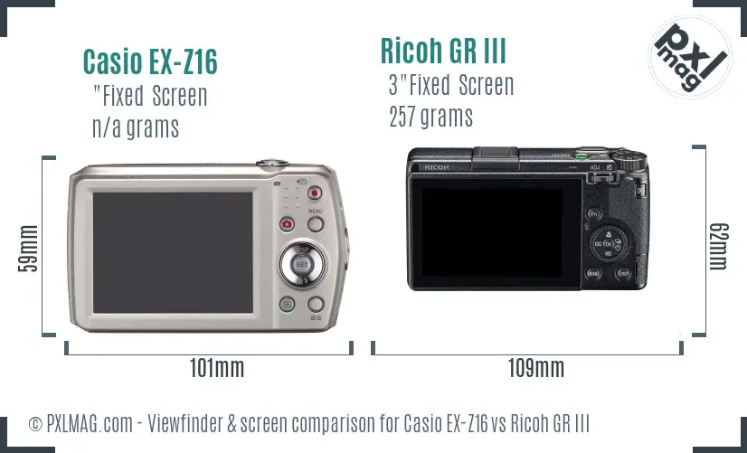 Casio EX-Z16 vs Ricoh GR III Screen and Viewfinder comparison Casio EX-Z16 vs Ricoh GR III Screen and Viewfinder comparison