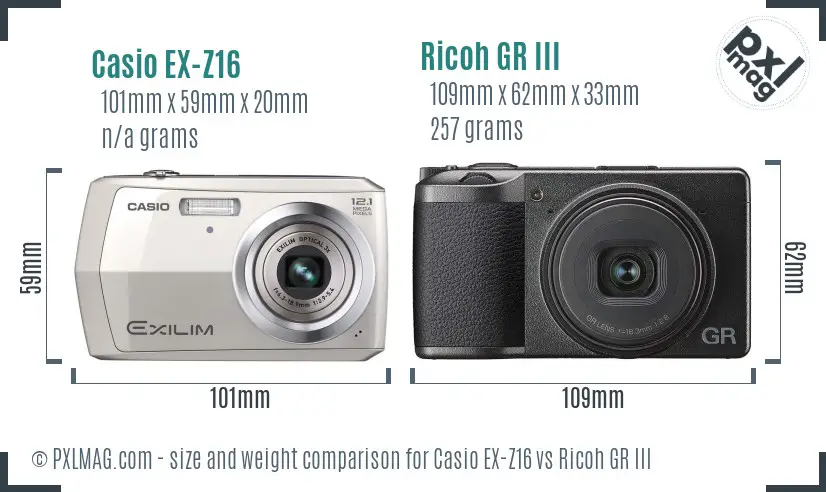 Casio EX-Z16 vs Ricoh GR III size comparison Casio EX-Z16 vs Ricoh GR III size comparison