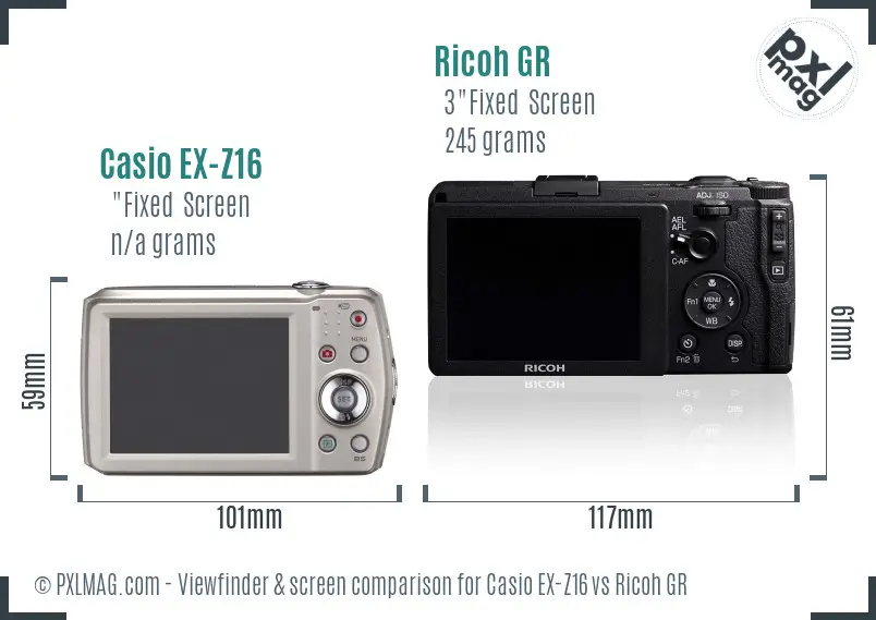 Casio EX-Z16 vs Ricoh GR Screen and Viewfinder comparison