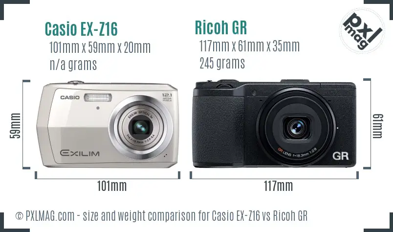 Casio EX-Z16 vs Ricoh GR size comparison